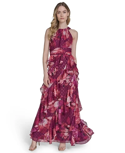 Eliza J Petite Printed Chiffon Ruffled-Skirt Halter Gown