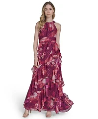 Eliza J Petite Printed Chiffon Ruffled-Skirt Halter Gown