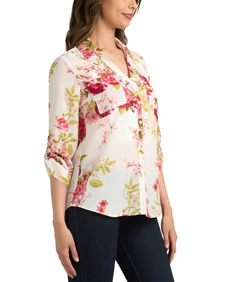 Bcx Juniors' 3/4-Sleeve Printed Button-Front Blouse