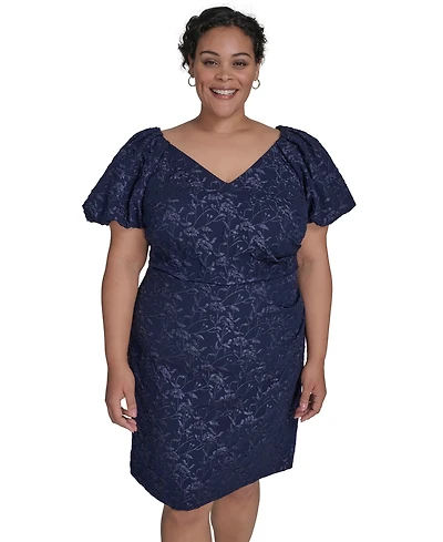 Eliza J Plus Puff-Sleeve Jacquard Sheath Dress