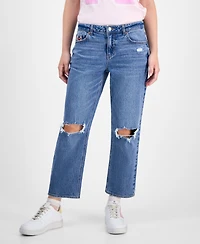 Vanilla Star Juniors' Cropped Straight Destructed Mid-Rise Jeans