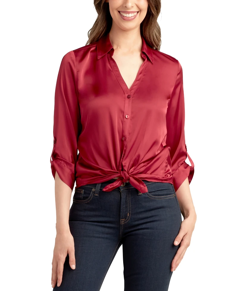 Bcx Juniors' 3/4-Sleeve Tie-Front Satin Top
