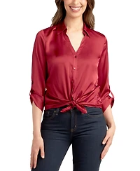 Bcx Juniors' 3/4-Sleeve Tie-Front Satin Top