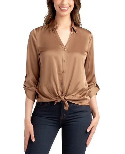 Bcx Juniors' 3/4-Sleeve Tie-Front Satin Top