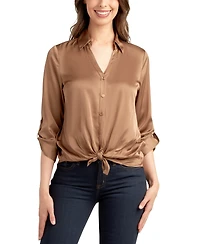Bcx Juniors' 3/4-Sleeve Tie-Front Satin Top