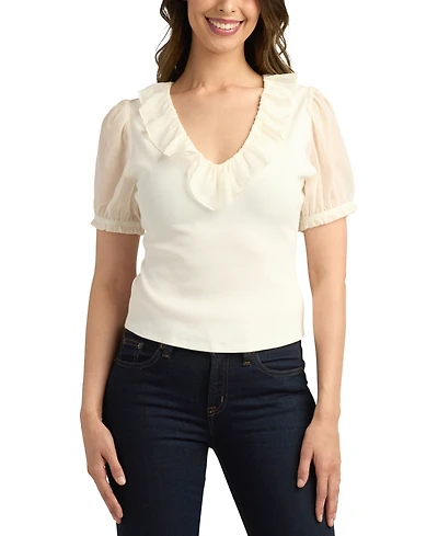 Bcx Juniors' Ribbed Puff-Sleeve Ruffle Top