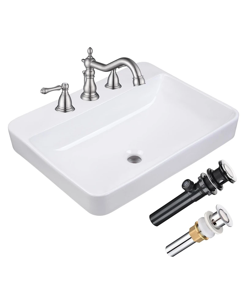 Aquaterior Rectangle Drop In Bathroom Sink w/ 3 Hole Faucet Widespread 2 Handle