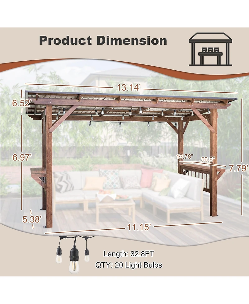 Mondawe 13x6.5FT Wooden Bbq Pergola – Metal Roof Grill Gazebo with Bar Counters & Lights