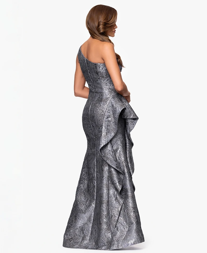 Xscape Petite One-Shoulder Ruffled Jacquard Gown