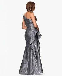 Xscape Petite One-Shoulder Ruffled Jacquard Gown