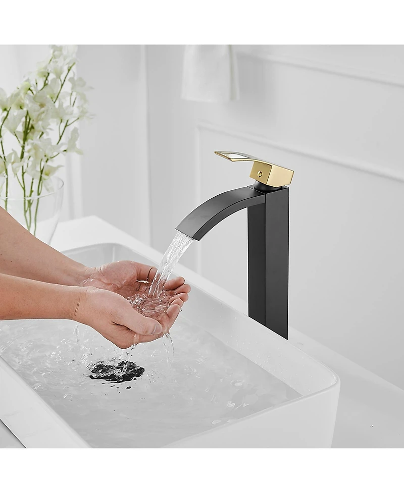 Greenspring Waterfall Single Hole Handle Bathroom Vessel Sink Faucet With Pop Up Drain Without Overflow Matte Black & Gold