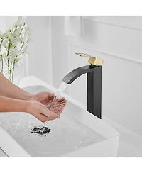 Greenspring Waterfall Single Hole Handle Bathroom Vessel Sink Faucet With Pop Up Drain Without Overflow Matte Black & Gold
