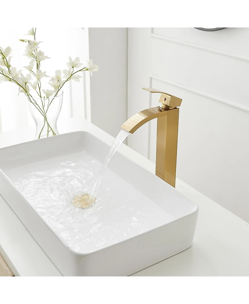 Greenspring Waterfall Single Hole Handle Bathroom Vessel Sink Faucet With Pop Up Drain Without Overflow Matte Black & Gold