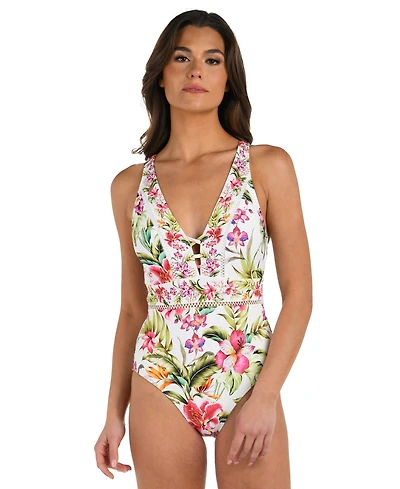 La Blanca Women's Polynesian Tummy-Control Plunge Lace-Inset One-Piece Swimsuit