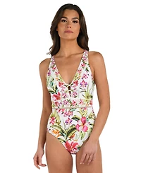 La Blanca Women's Polynesian Tummy-Control Plunge Lace-Inset One-Piece Swimsuit
