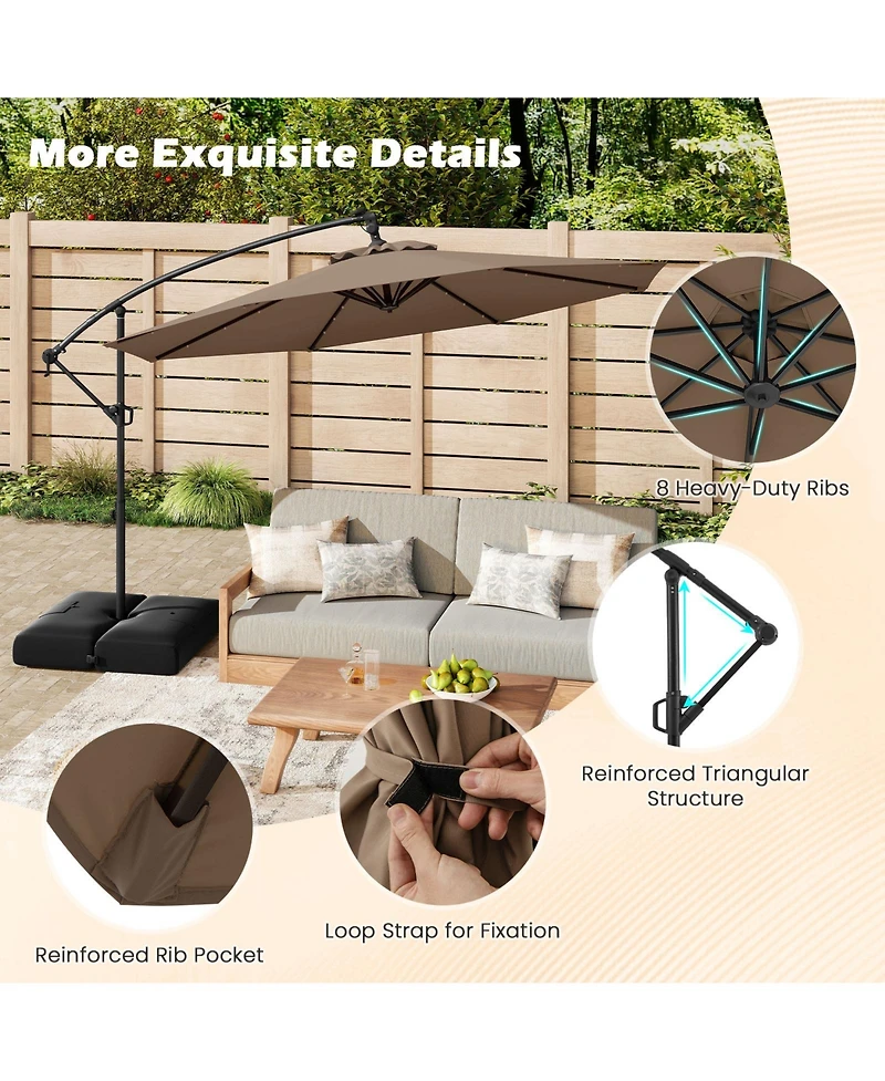 Gymax 10 Ft Solar Offset Hanging Umbrella Patio Cantilever w/ 32 Led Lights
