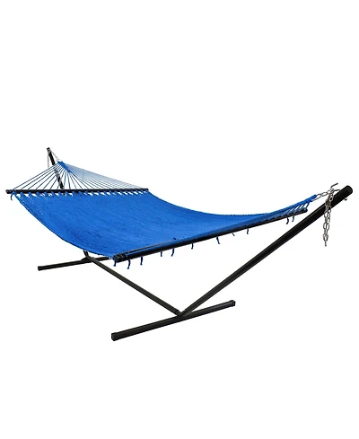 Sunnydaze Decor Outdoor 2-Person Double Polyester Rope Hammock with Wood Spreader Bar and 15ft Black Steel Stand