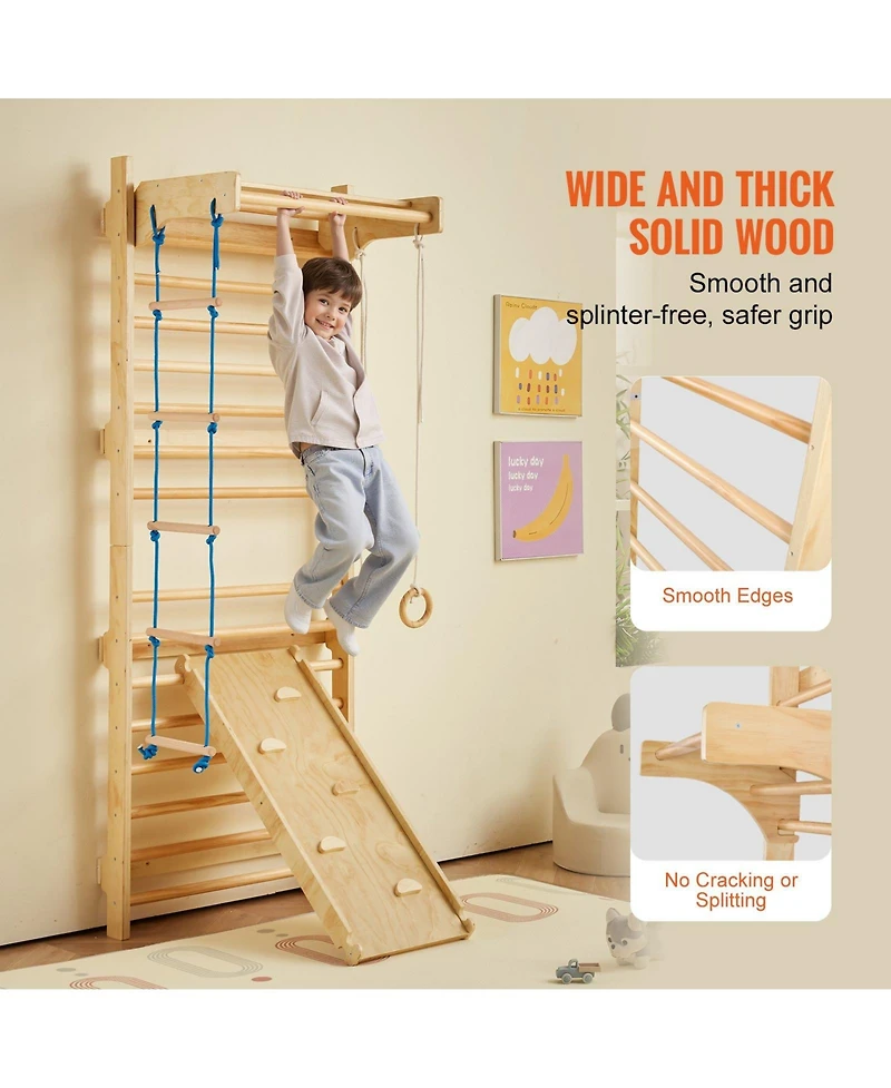 Slickblue Kids Indoor Playground 5 in 1 Wooden Wall Gym with Swedish Ladder and Slide