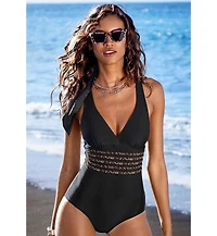 Lascana Women's Leopard Cheetah Trim Tummy Control One Piece Swimsuit
