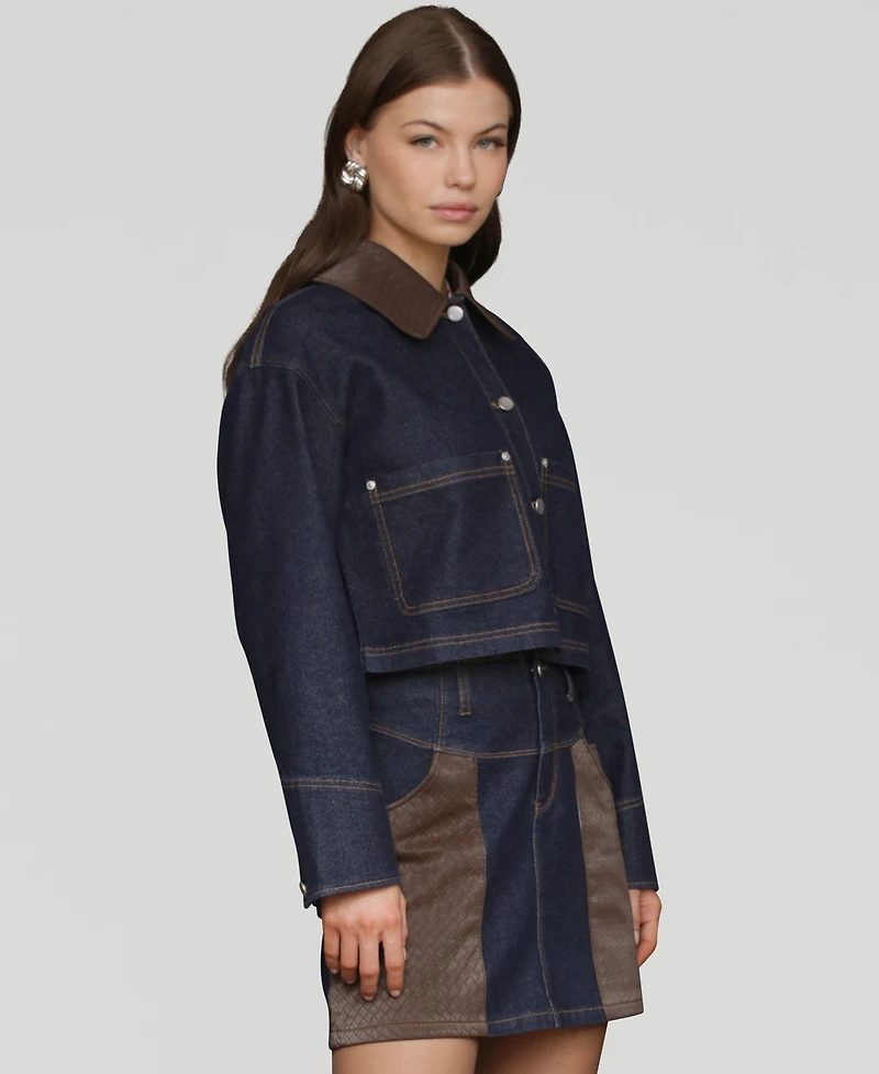 Avec Les Filles Women's Faux-Collar Crop Trucker Jacket