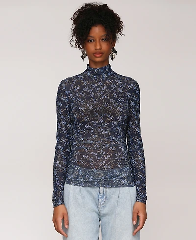 Avec Les Filles Women's Printed Mesh Mock Neck Ruched Top
