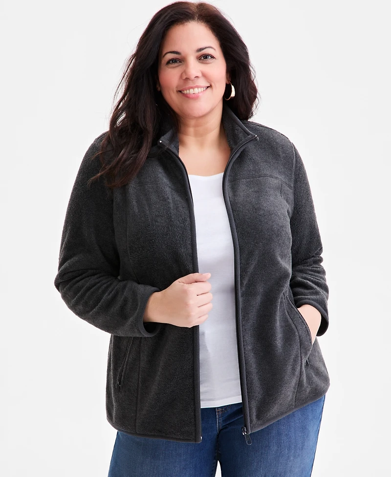 Style & Co Plus Solid Polar Fleece Zip-Front Jacket, Exclusively at Macy's