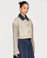 Avec Les Filles Women's Sweater-Sleeve Rinse Wash Denim Chore Jacket