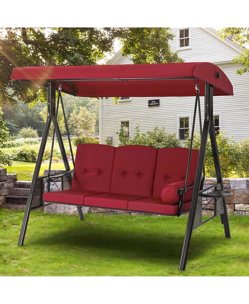 Boyel Living 3-Person Metal Patio Swing with Removable Cushion & Cup Holder Patio Swing Outdoor Porch Swing Chair for Adults for Garden Backyard Deck