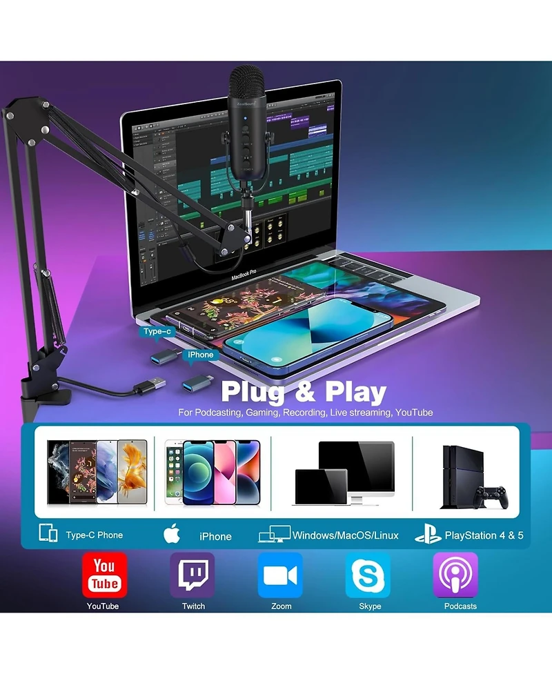 ZealSound Gaming Microphone Kit, Usb Mic w/ Boom Arm, Supercardioid Mic, Mute Button, Echo & Volume Gain Knob, Monitor for Phone Computer (Black)