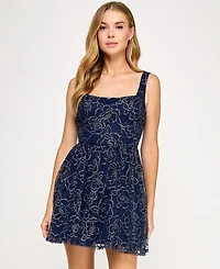 City Studios Juniors' Embroidered Mesh Fit & Flare Dress