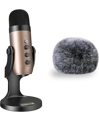 ZealSound Usb Microphone k66g Gold and Furry Microphone Cover Bundle