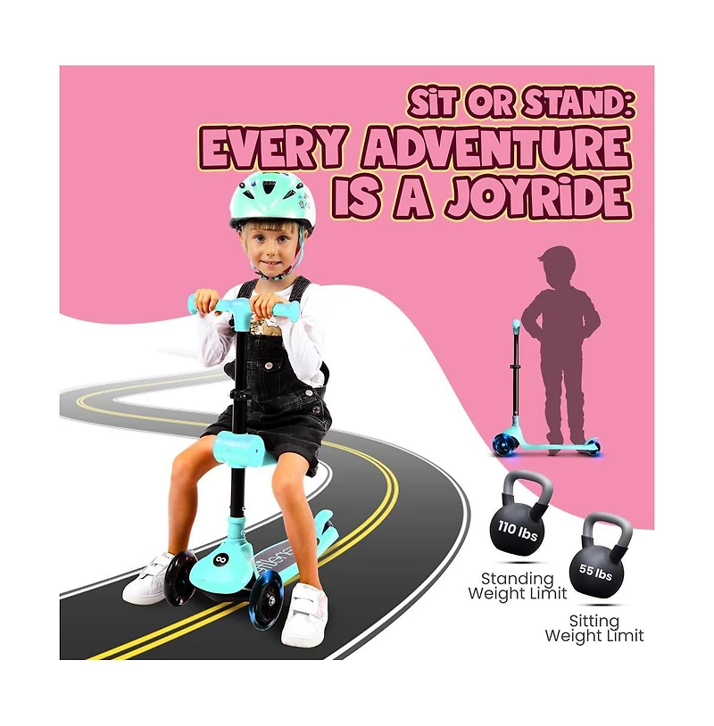 3-Wheel Foldable Kids Scooter with Led Wheel Lights, Foldable Seat & Lean-to-Steer Technology – Child Toy Scooter (Turquoise Blue)