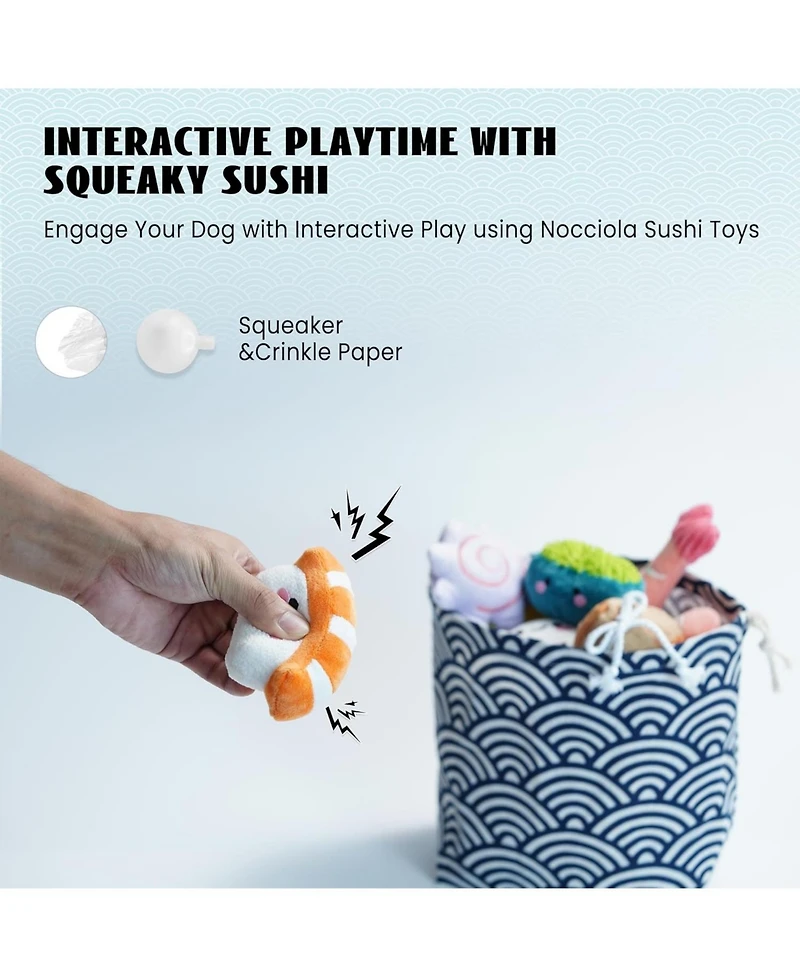 Nocciola 10 Pcs Sushi Toys with Takeout Bag,Plush Squeaky Dog Toy Set,Cute Stuffed Pet Toys,Puppy Chew Toys,For Small to Medium Dog,Foodie Series toy
