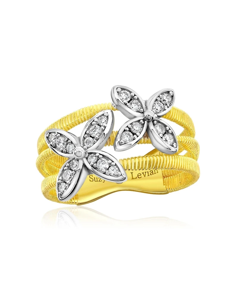 Suzy Levian New York Golden Helix Sterling Silver Cubic Zirconia Coil Three Row Double Flower Ring