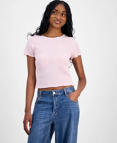 Madden Girl Juniors' All Over Smocked Short-Sleeve Top