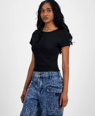 Madden Girl Juniors' All Over Smocked Short-Sleeve Top