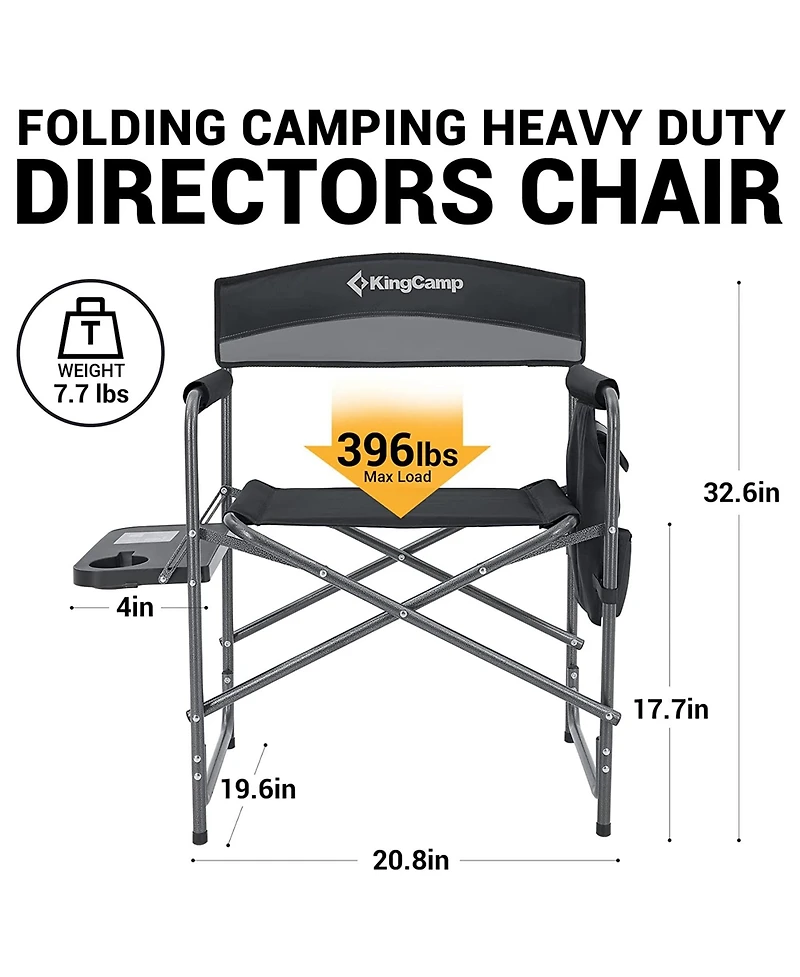 KingCamp Padded Outdoor Folding Chair with Table & Pockets, Black/Grey (2 Pack)