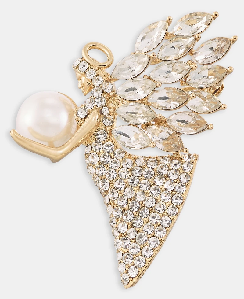 Gold-Tone Crystal Angel Imitation Pearl Pin