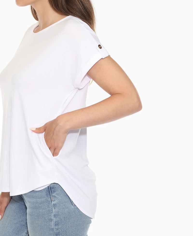 White Mark Women's Folded Short Sleeve Solid Top