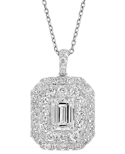 Effy Lab Grown Diamond Emerald- & Round-Cut Pendant Necklace (2-1/8 ct. t.w.) in 14k White Gold, 17" + 1" extender