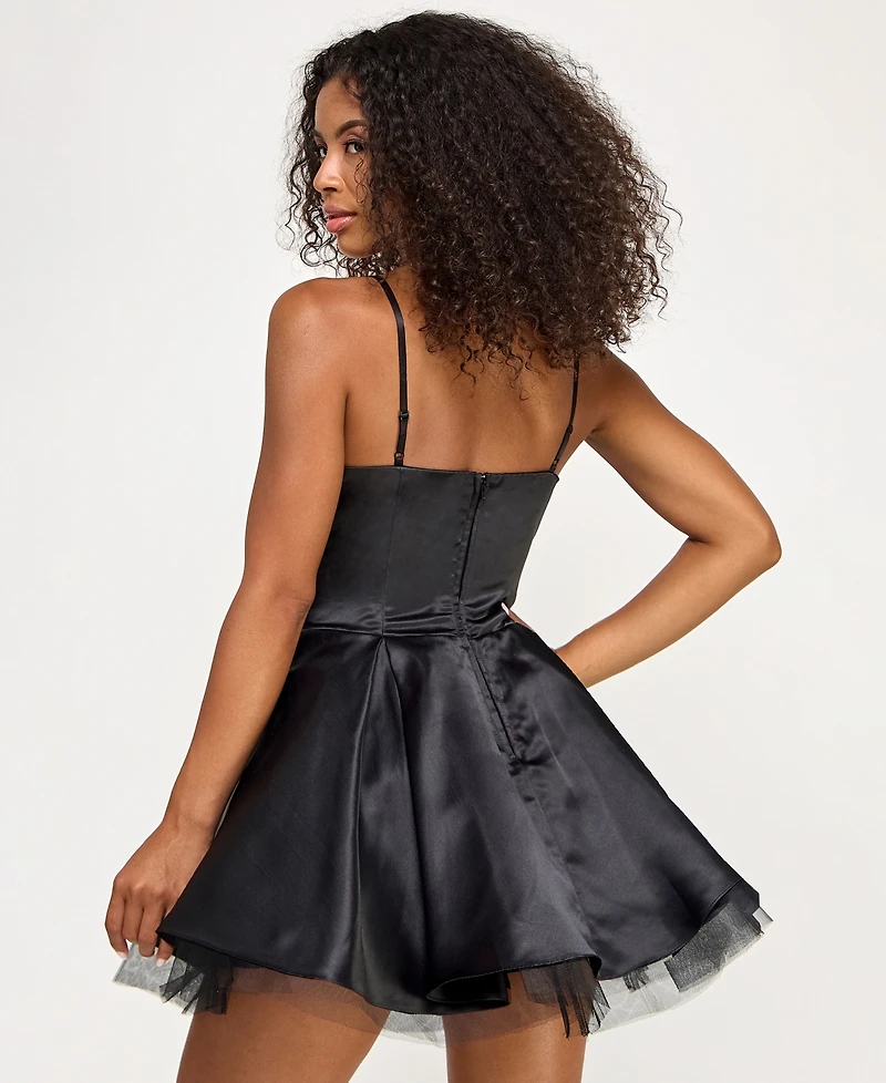 Seni & Cade Juniors' Beaded-Bow-Trim Satin Fit Flare Dress