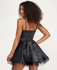 Seni & Cade Juniors' Beaded-Bow-Trim Satin Fit Flare Dress