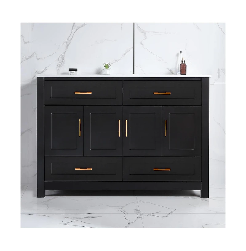 Casainc 48" Black Vanity Set with Ceramic Sink, 4 Soft-Close Doors & 4 Drawers, Stylish Bath Organizer
