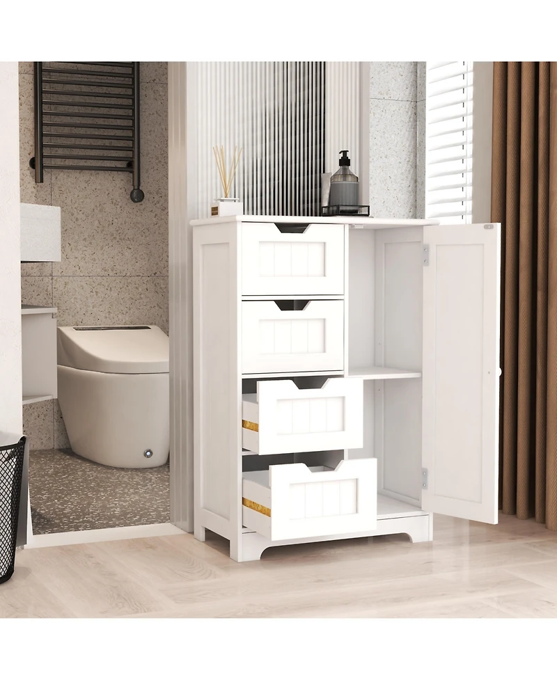 Casainc White Floor Storage Cabinet with Adjustable Shelves, 4 Drawers & Door for Bathroom and Living Room Use
