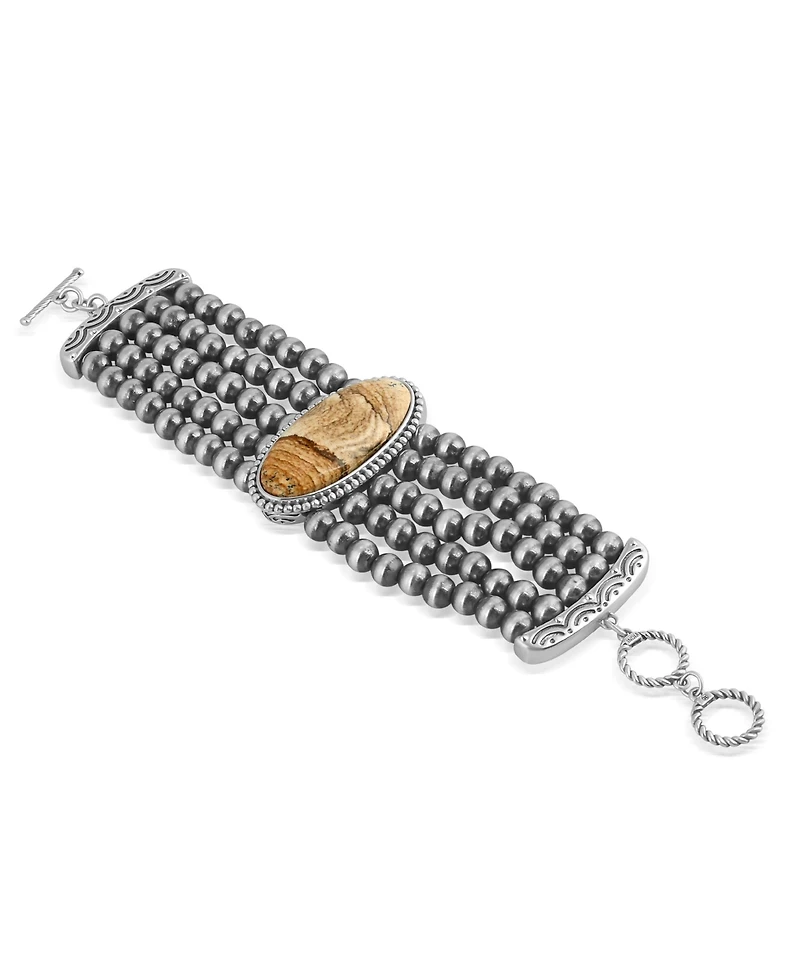 American West Jewelry Sterling Silver Oval Picture Jasper Oval Cut Beaded Toggle Bracelet, Size, Size Medium