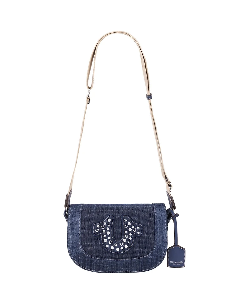 True Religion Studded Horseshoe Denim Flap Bag