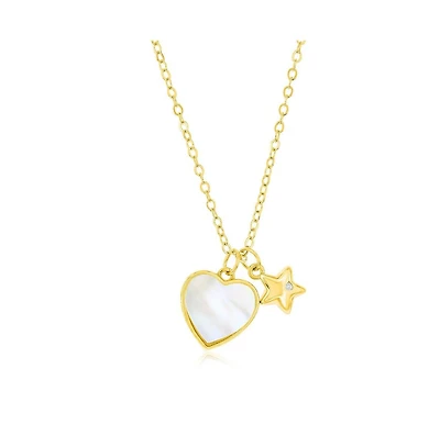 Sterling Silver Mop Heart & Star Cz Necklace