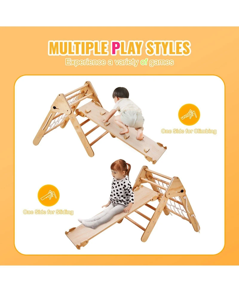 Slickblue Toddler 4 in 1 Climbing Set with Wooden Pikler Triangle Ramp and Arch for Indoors