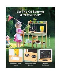 Slickblue Kids Outdoor Wooden Mud Kitchen Toy Playset for Pretend Cooking and Gardening