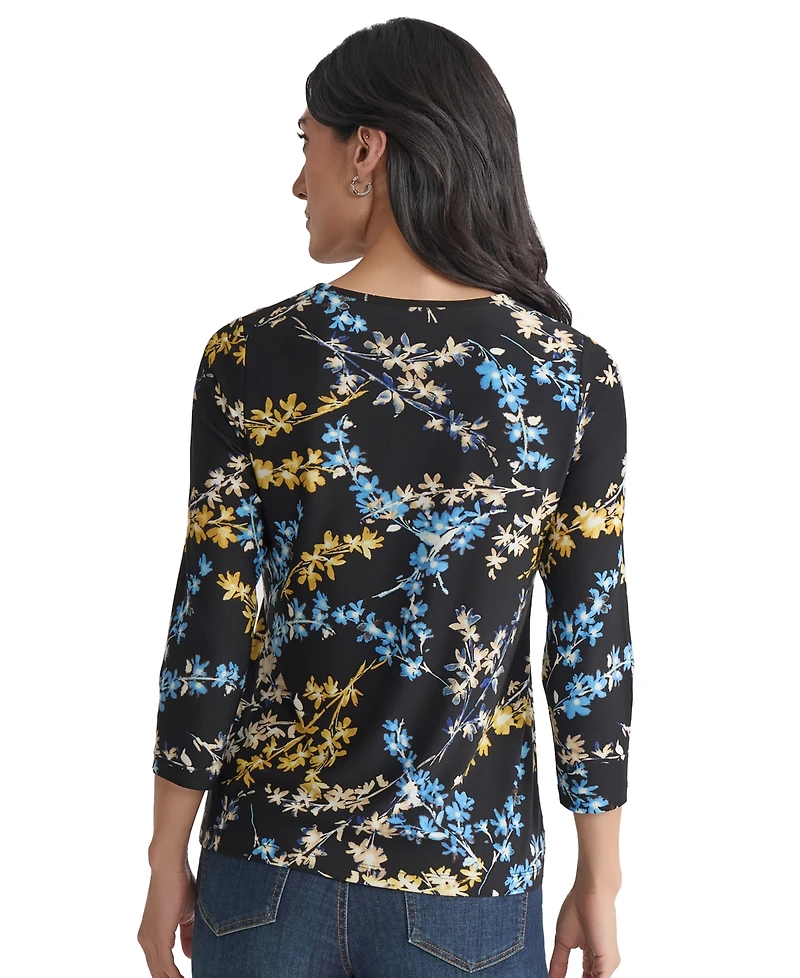 Jones New York Women's Printed Embellished-Keyhole 3/4-Sleeve Top